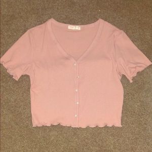 Solid Button Up V-neck Ribbed Tee